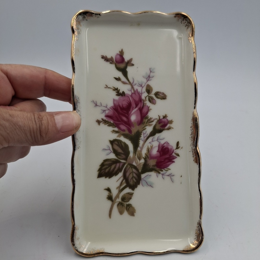 Vtg Porcelain Trinket Tray Pink Rose Gold Trim Scalloped Edge Ring Dish Japan